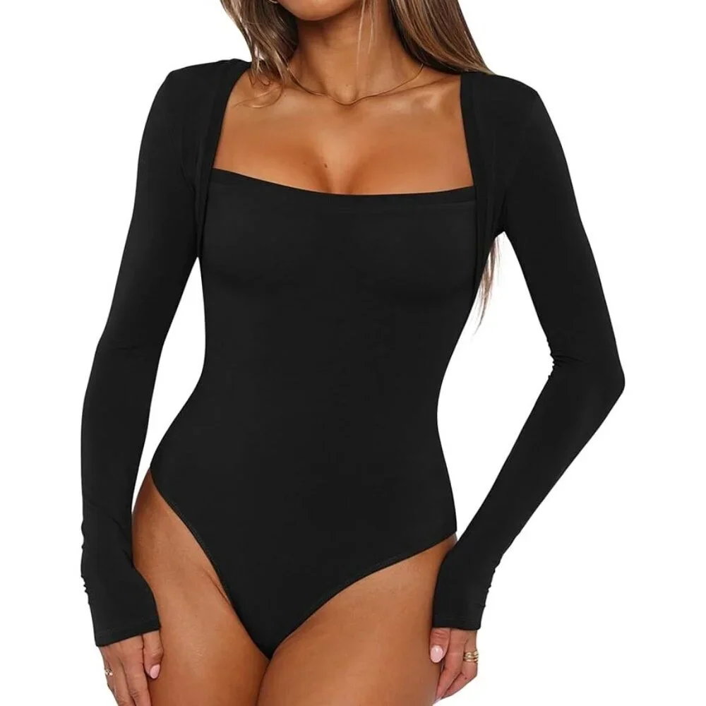 IWD Black Long Sleeve Bodysuit Square Neck Ribbed Slim Fit - Size M NWT - Picture 1 of 7